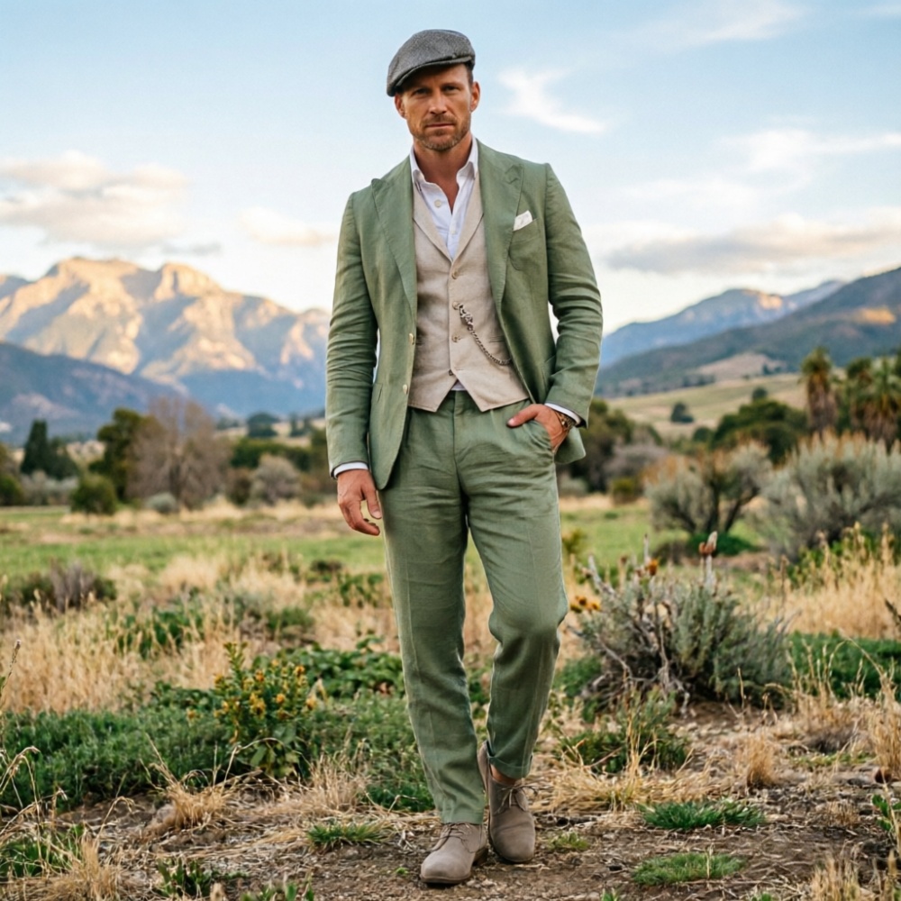 Men Formal Party Wear Outfit - Costume 3 pièces en lin vert