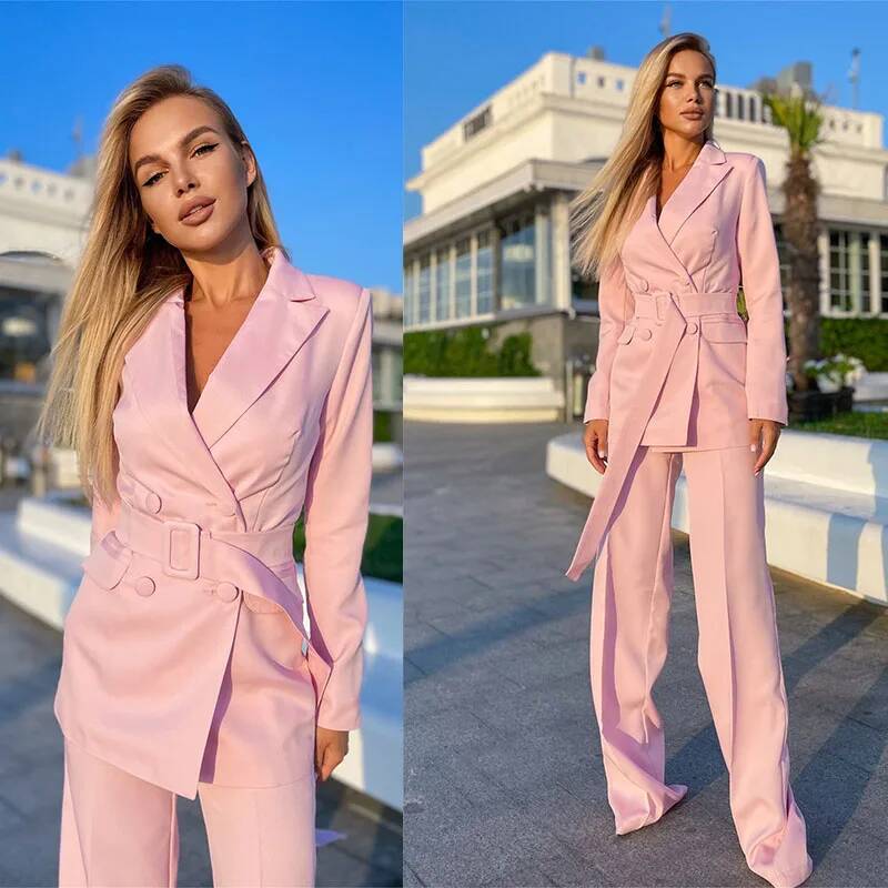 Double Breasted Blazer - Costumes roses pour femmes, 2 pièces,