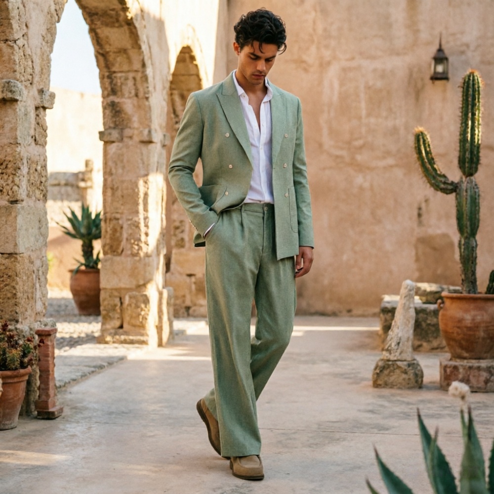 Men'S Relaxed Formal Wear - Costume homme en lin vert sauge,