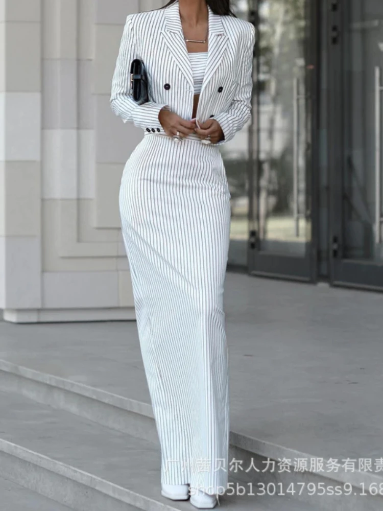 Ensemble blazer rayé et jupe f - Double Breasted Blazer avis et prix